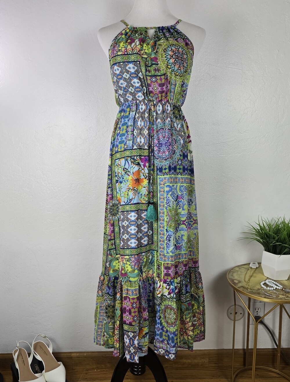 Spense Bohemian Patchwork Halter Maxi Dress - Green Multi - 6